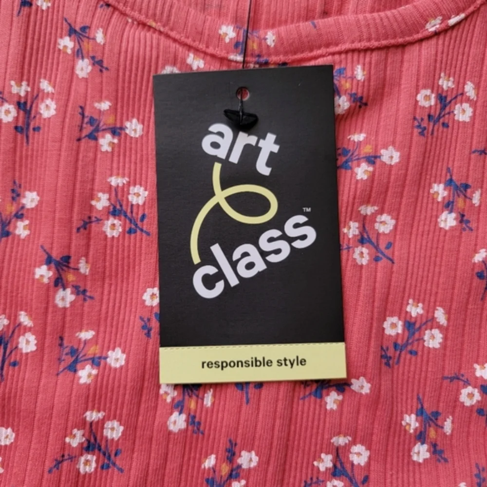 Floral Short Sleeve T-Shirt Ribbed Stripes Red Coral Daisy | Art Class